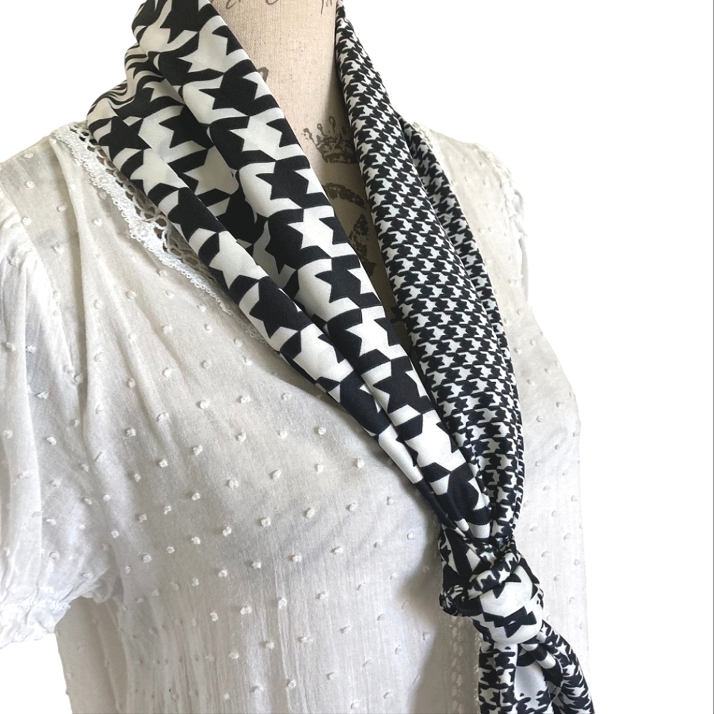 Oversized Square Black White Houndstooth Satin Scarf Neck hair Preppy Classic 💖 - Picture 10 of 13